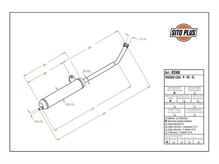 Pot d'échappement Sito Plus long Ø 24 mm, vélomoteurs Piaggio Ciao P / PX
