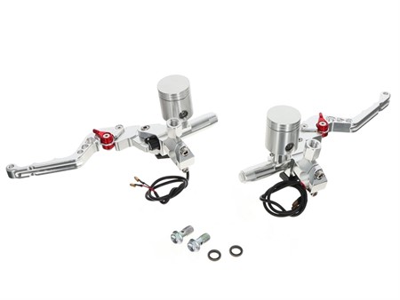 Kit maitres cylindre avec leviers de frein complets, ARGENT, fraisés CNC (embrayage/frein gauche et frein droit)