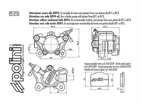 Etrier de frein arrière Polini CNC anodisé, moteur Minarelli LC frein a disque (Aerox, Nitro,SR50, F12, F15, Jog RR, Beta Ark etc....)