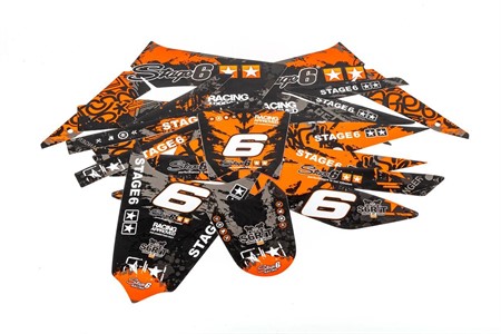 Kit déco / stickers carénage Stage6, moto 50cc Derbi X-Trem, X-Race orange - noir