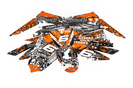 Kit déco / stickers carénage Stage6, moto 50cc Derbi X-Trem, X-Race orange - blanc