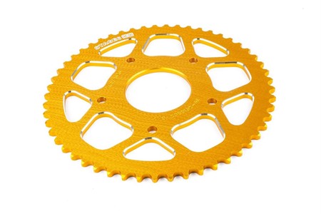 Couronne Stage6 alu CNC jaune 53 dents type 420, moto 50cc Rieju MRT