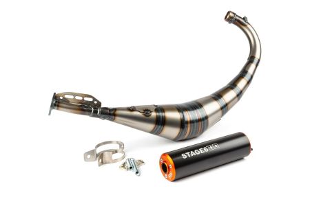 Pot d'échappement Stage6 Streetracepassage bas, silencieux CNC orange-noir, moto 50cc Derbi et Minarelli AM6 Pot d'échappement Stage6 Streetracepassage bas, silencieux CNC orange-noir, moto 50cc Derbi et Minarelli AM6