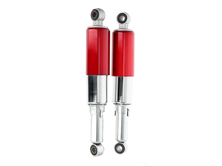 Paire d'amortisseurs téléscopiques, chromés/rouge universal 31cm, cyclos/boguets Paire d'amortisseurs téléscopiques, chromés/rouge universal 31cm, cyclos/boguets