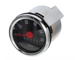 Tacho 60 km/h - Ø 48mm, Zifferblatt schwarz / chrom, mit Beleuchtungsschlitz Tacho 60 km/h - Ø 48mm, Zifferblatt schwarz / chrom, mit Beleuchtungsschlitz