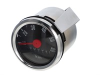 Tacho 60 km/h - Ø 48mm, Zifferblatt schwarz / chrom, mit Beleuchtungsschlitz Tacho 60 km/h - Ø 48mm, Zifferblatt schwarz / chrom, mit Beleuchtungsschlitz