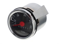 Tacho 100 km/h - Ø 48mm, Zifferblatt schwarz / chrom, mit Beleuchtungsschlitz Tacho 100 km/h - Ø 48mm, Zifferblatt schwarz / chrom, mit Beleuchtungsschlitz