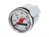 Compteur de vitesse 60 km/h - Ø 48mm, cadran blanc/chrome, universel vélomoteurs Compteur de vitesse 60 km/h - Ø 48mm, cadran blanc/chrome, universel vélomoteurs