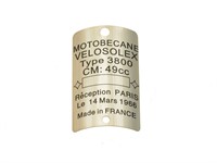 Plaquette d'immatriculation chassis MOTOBECANE, vélomoteurs Solex 3800 Plaquette d'immatriculation chassis MOTOBECANE, vélomoteurs Solex 3800