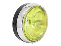 Phare rond 140mm (noir/chrome) avec vitre jaune, vélomoteurs et universel Phare rond 140mm (noir/chrome) avec vitre jaune, vélomoteurs et universel