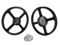 Paire jantes avant + arrière 16" noir replica, flasque tambour inclus, vélomoteurs Piaggio Ciao, Bravo, SI Paire jantes avant + arrière 16" noir replica, flasque tambour inclus, vélomoteurs Piaggio Ciao, Bravo, SI