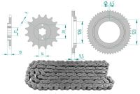 Kit chaîne acier 14 x 52 / 420 sans O-Ring (K1454), moto Derbi GPR 50cc 1998-2003 Kit chaîne acier 14 x 52 / 420 sans O-Ring (K1454), moto Derbi GPR 50cc 1998-2003