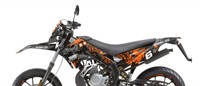 Kit déco / stickers carénage Stage6, moto 50cc Derbi X-Trem, X-Race orange - noir