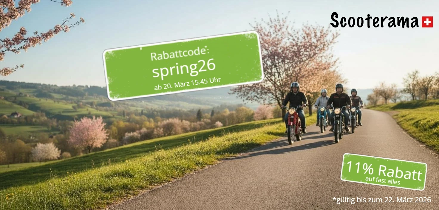 Ab Freitag, 20. März 2026, pünktlich zum astronomischen Frühlingsanfang um 15:45 Uhr läuft der Scooterama Frühlingssale. Scooterama Frühlingssale Gutscheincode spring26 - Mofafahrer cruisen durch eine Frühlingslandschaft