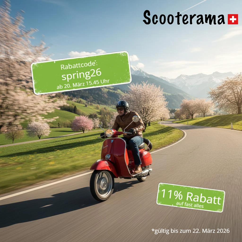 Ab Freitag, 20. März 2026, pünktlich zum astronomischen Frühlingsanfang um 15:45 Uhr läuft der Scooterama Frühlingssale. Scooterama Frühlingssale Gutscheincode spring26 - Rollefahrer cruist durch hügelige Landschaft