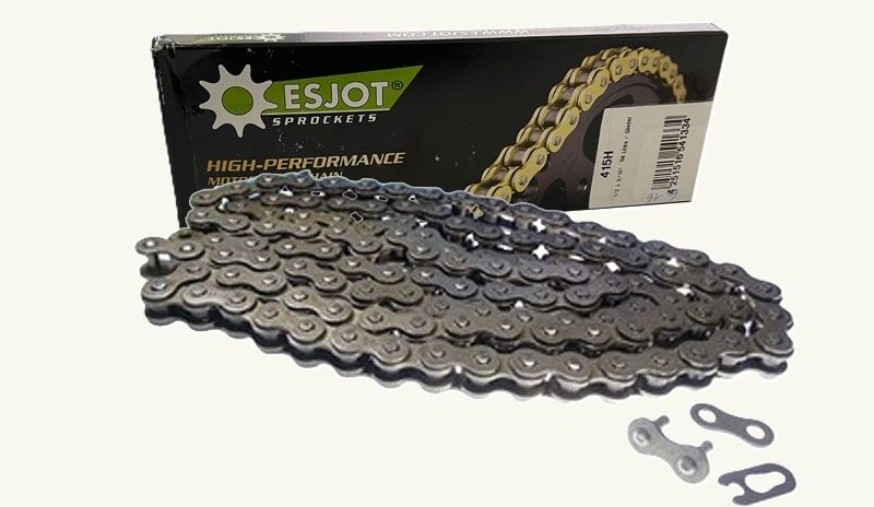 Verstärkte Antriebskette der Marke Esjot. Die Kette wird natürlich mit Kettenschloss geliefert. Antriebskette Esjot verstärkt (415H) 114L