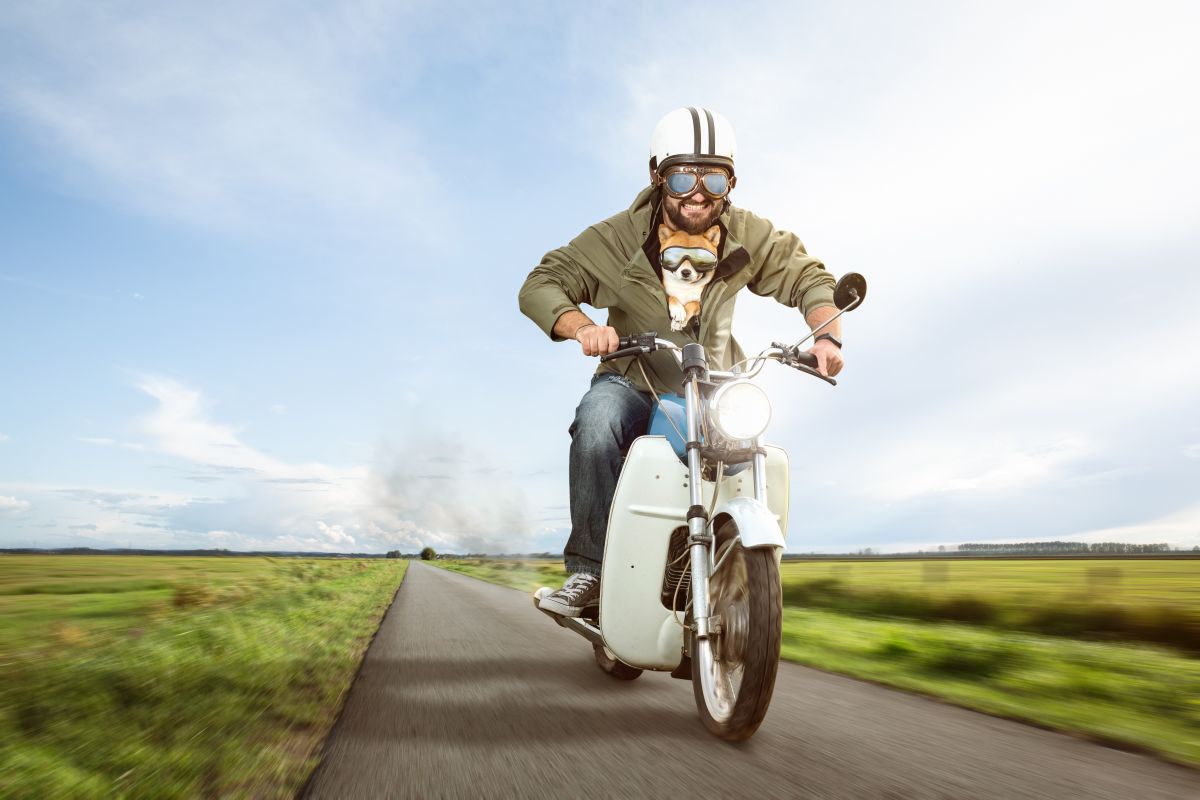 Funny biker riding a moped with his dog