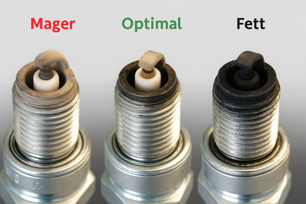 3 Mofa Zündkerzen im vergleich, die erste zu mager und sehr sauber, die zwiete ideal, sichtbar gebraucht, die dritte fett stark verrust und schwarz