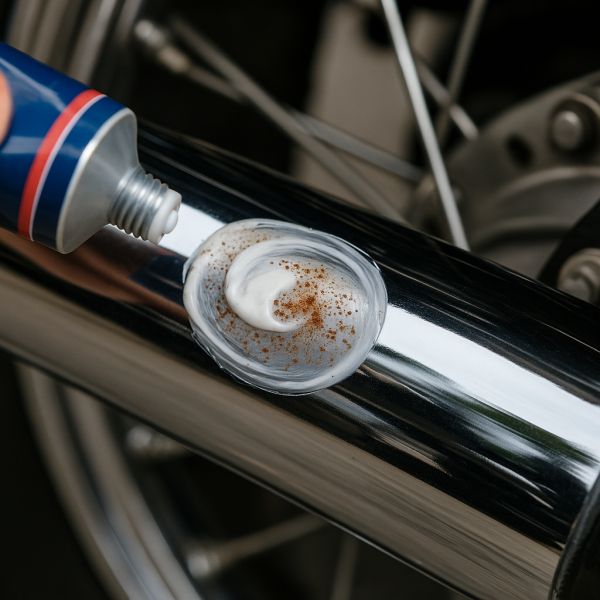 Chrompolitur wird mit Tuch auf verrostetes Chromteil aufgetragen