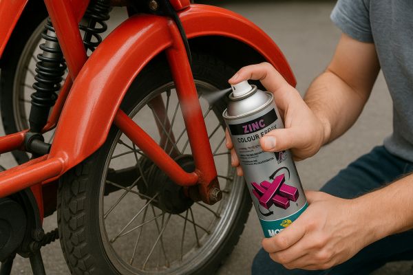 Rostschutzspray wird auf Mofa-Rahmen aufgesprüht