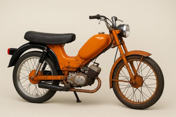 Orange Mofa mit sichtbaren Roststellen am Rahmen und Felgen