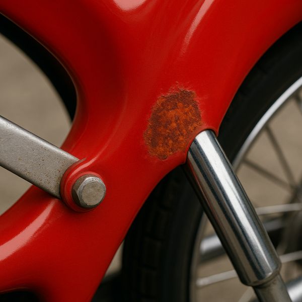 Echter Rost auf rotem lackiertem Mofa-Teil