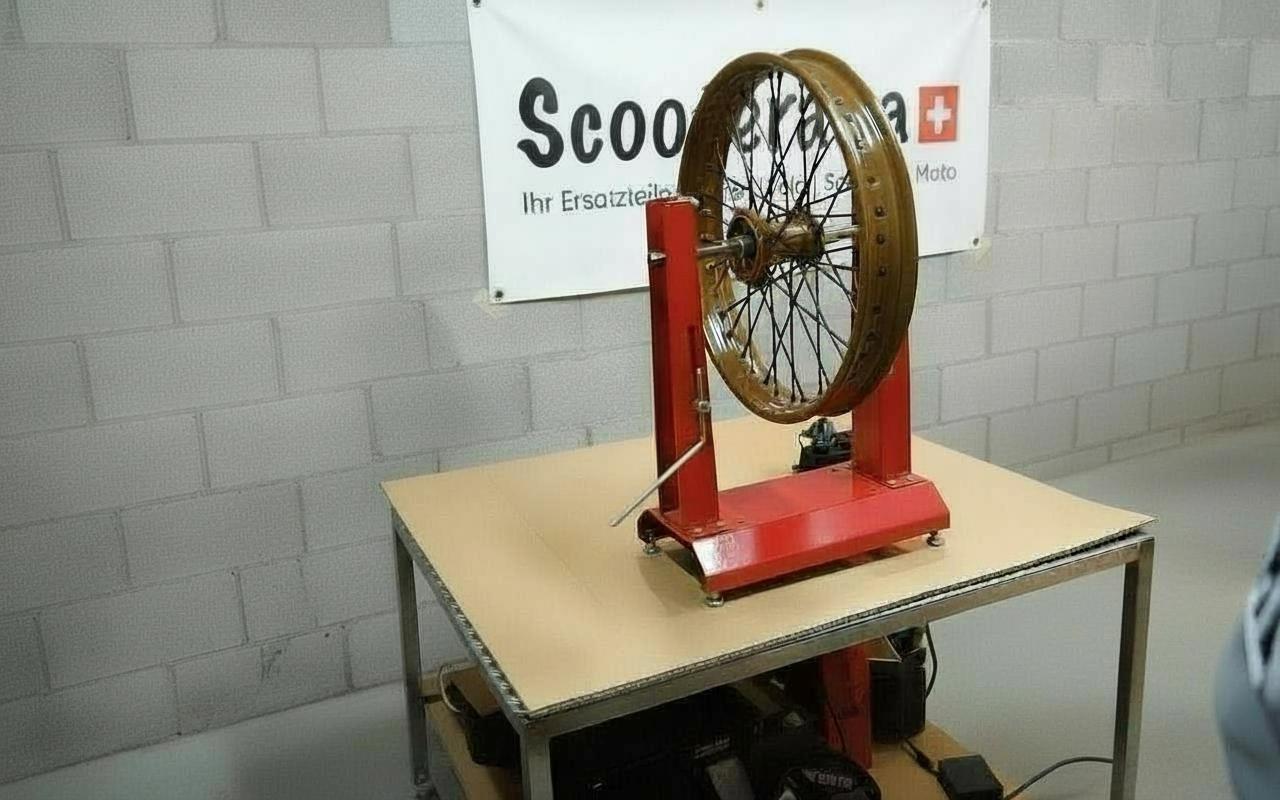 Sur le pied de centrage, on peut contrôler précisément le centrage de la jante Roue à rayons sur pied de centrage pour vérification du centrage