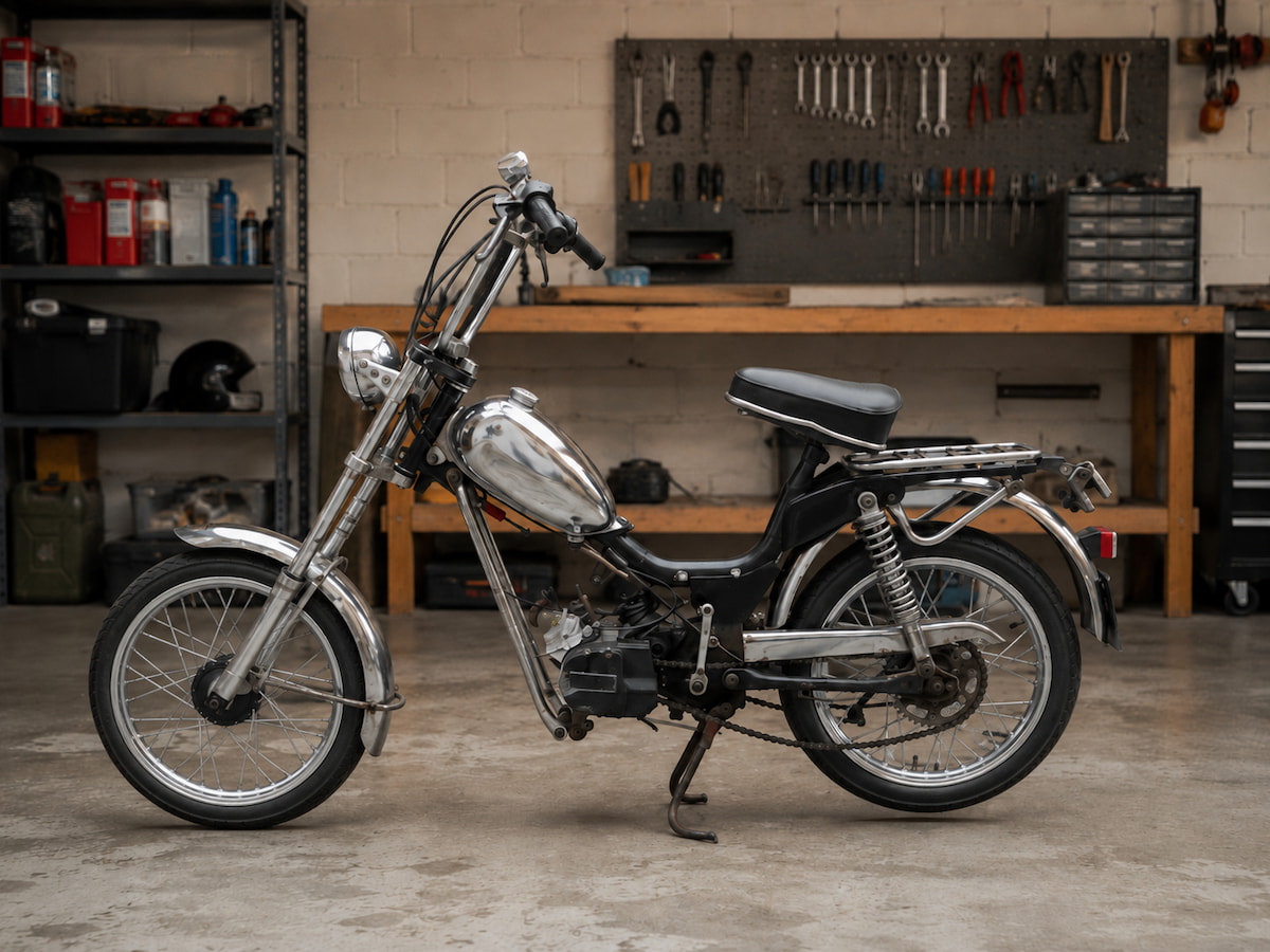 Inspiriert von dem Film "Easy Rider" haben Alpa Chopper lange Gabeln und hochgezogene Lenker. Schwarzes Alpa Chopper Töffli in Garage