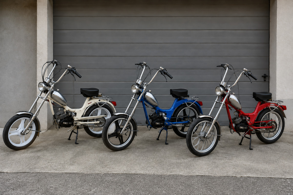 Die Töfflis gab es ab Werk in Weiß, Blau oder Rot. Aber heute sieht man, aufgrund von Restaurierungen, auch viele Exemplare in Silber oder Schwarz. 3 Alpa Chopper nebeneinander: in Weiß, blau und Rot