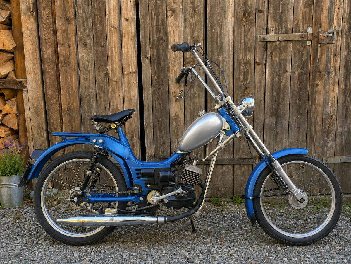 beitragsbild-alpa-chopper Blaue Alpa Chopper vor Holzscheune