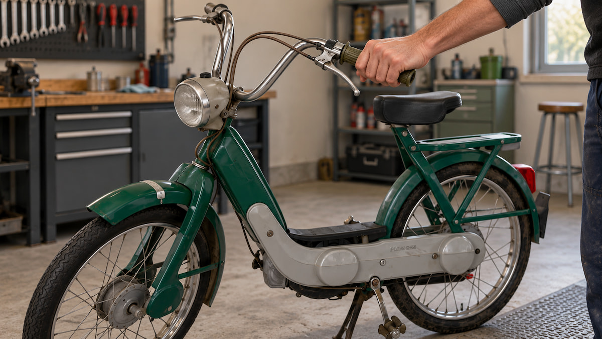 Aufnahme von einem dunkelgrünen Piaggio Ciao, dessen linker Gasgriff betätigt wird in einer Werkstattumgebung