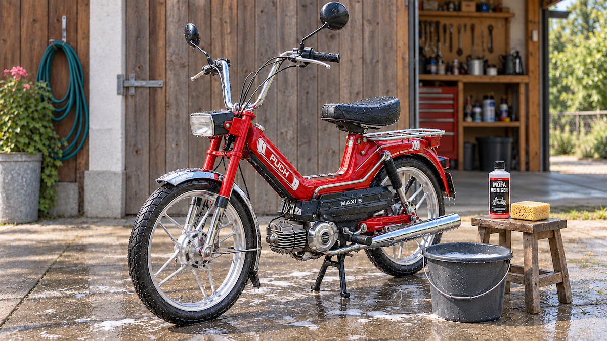 beitragsbild-mofa-reinigen Rotes Puch Maxi S vor einer Garage, daneben ein Eimer Wasser und auf einem Holzhocker Mofa-Reiniger und ein Schwamm
