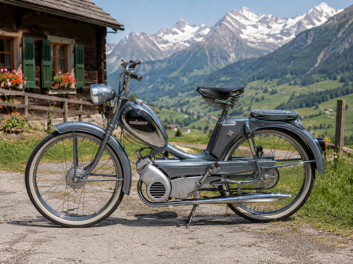 Historisches Zündapp Typ 439 Mofa Zündapp Typ 439 in Grau vor einer Berghütte. Im Hintergrund sind ein Tal sowie Berge zu sehen.