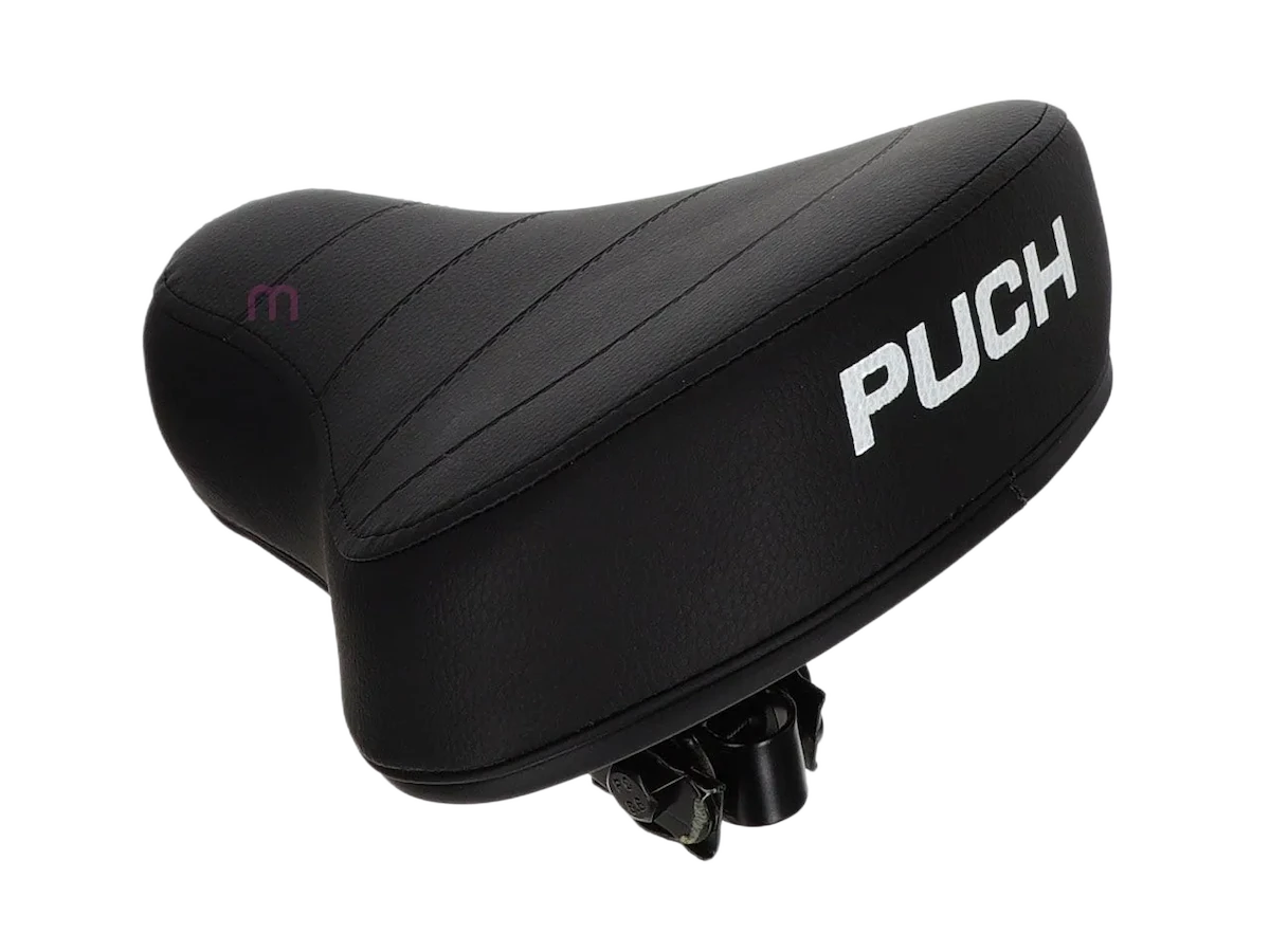 Für einen cleanen Bobber-Look greift man zu einem flachen Sattel. Da sitzt man aber härter und funktioniert besser, wenn das Mofa eine gefederte Sattelstütze hat. Sattel (niedrig) schwarz mit PUCH Aufdruck, universal