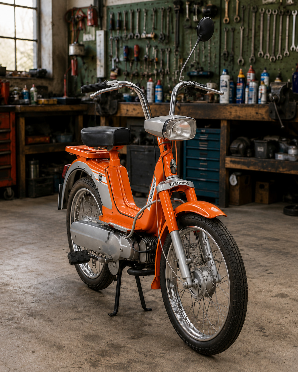 Boxer 2 Töffli in Orange in einer Garage/Werkstatt