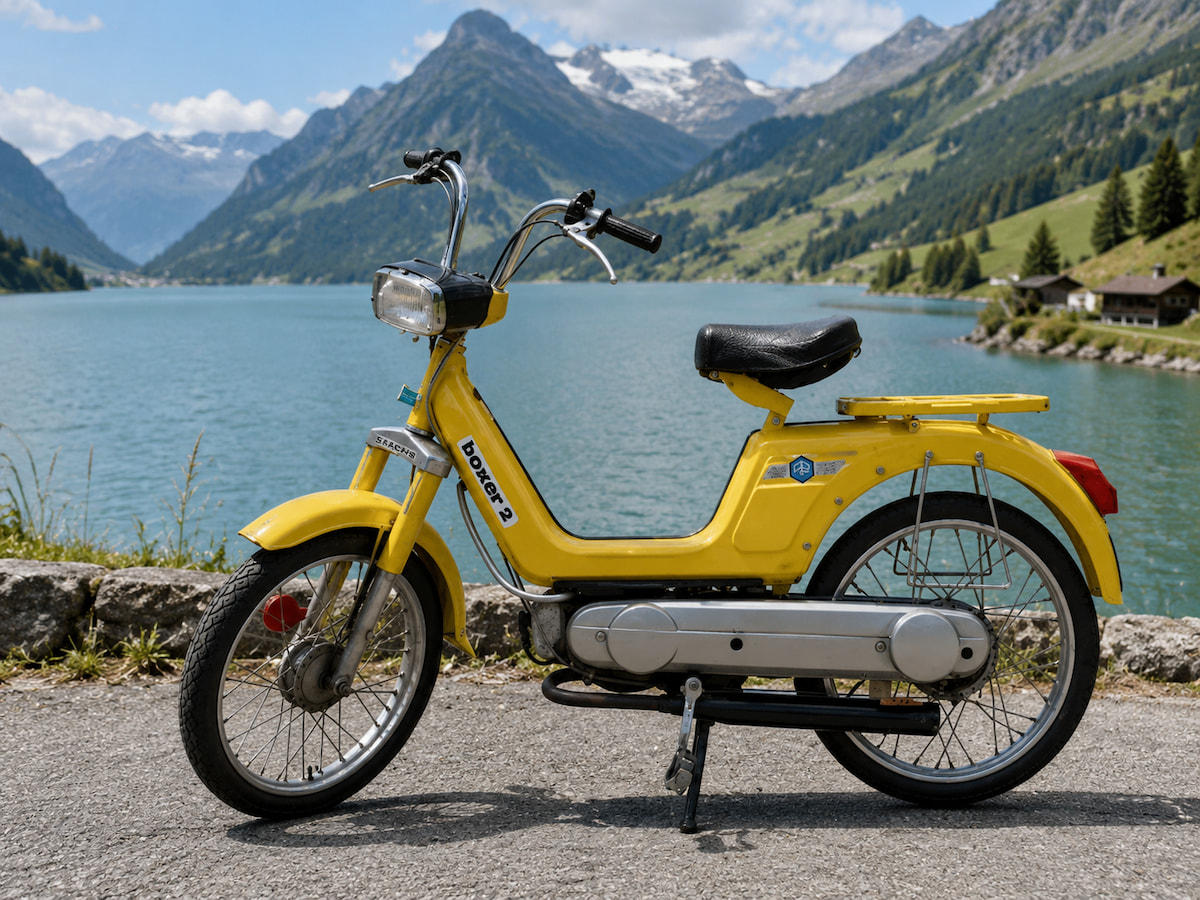 boxer-toeffli-beitragsbild Gelbes Piaggio Boxer 2 Töffli vor Bergsee
