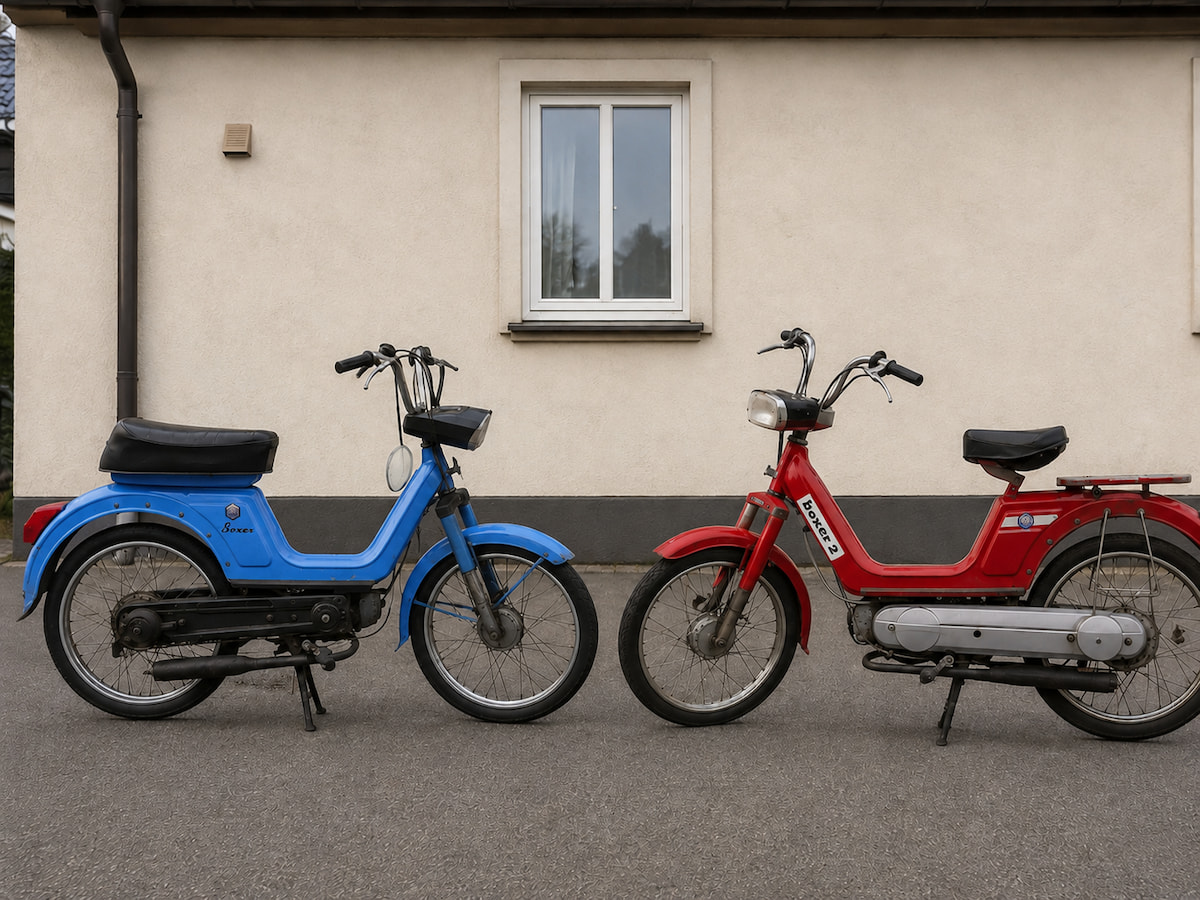 Boxer 1 et Boxer 2 côte à côte : les différences se voient au deuxième coup d’œil À gauche un Boxer 1 bleu, à droite un Boxer 2 rouge devant un mur de maison classique