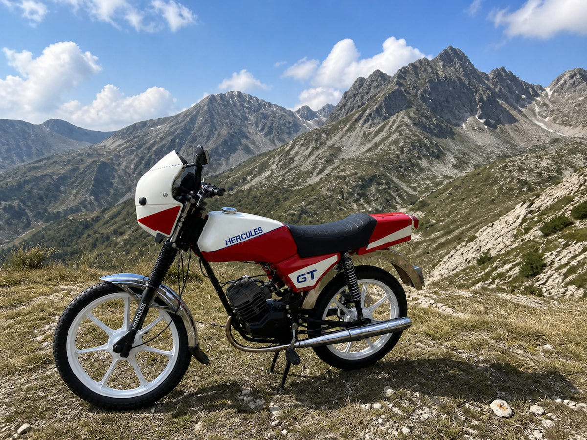 Durch die durchgezogene Tank-Sitzbank-Kombination erinnern diese Töfflis mehr an Mokicks, als an klassiche Töfflis. Hercules Prima GT in rot-weiß vor Bergiger Kulisse