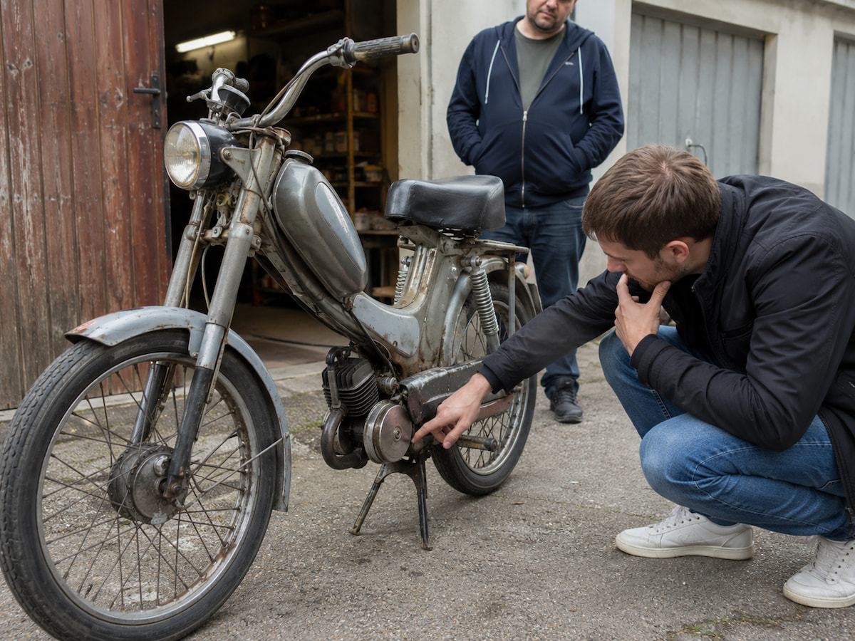 Un jeune homme inspecte un vélomoteur plus ancien
