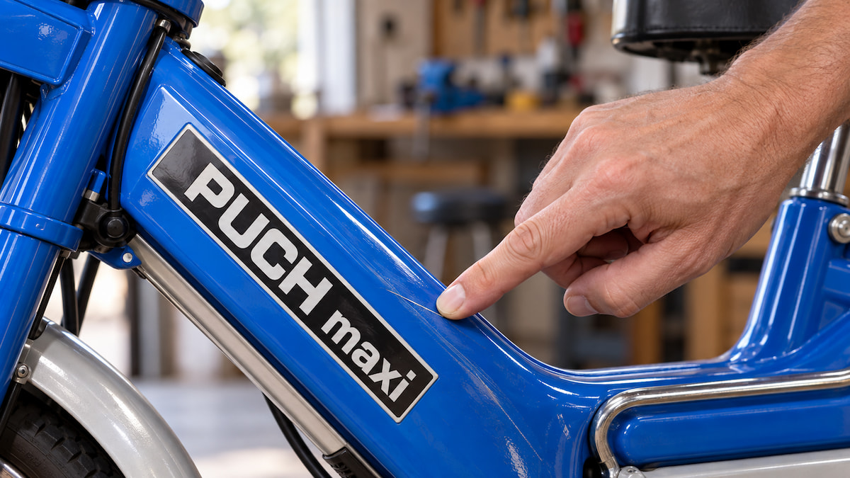 Test de l'ongle sur une rayure du cadre d'un Puch Maxi