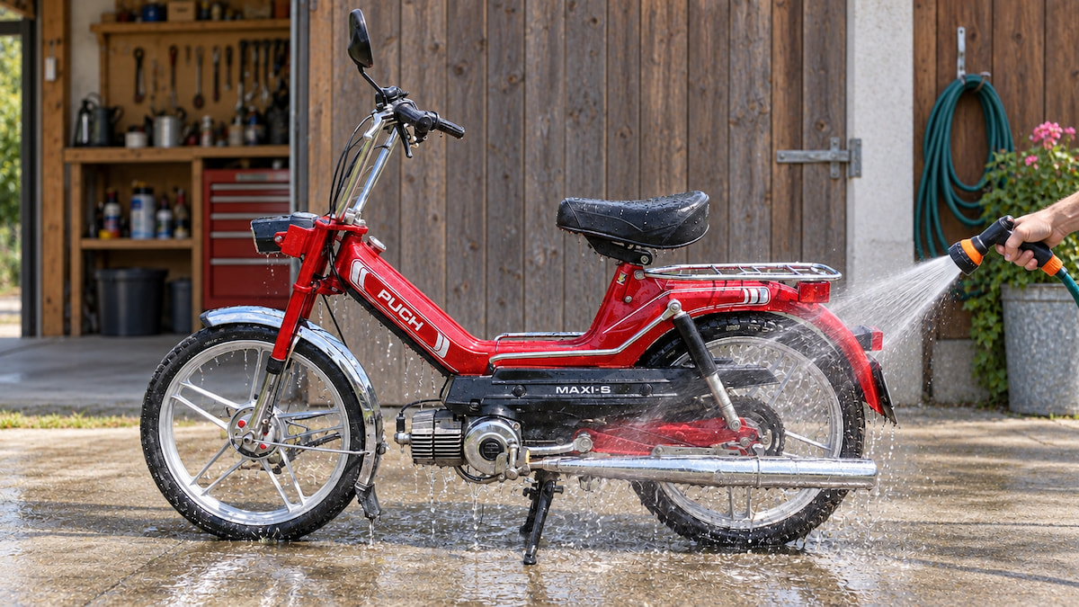 Arbeitest du mit einem Schlauch musst du unbedingt darauf achten, u.a. keine elektrischen Steckverbindungen oder die Trommelbremsen direkt abzuspritzen. Rotes Puch Maxi S wird vor Garage mit dem Schlauch abgespritzt