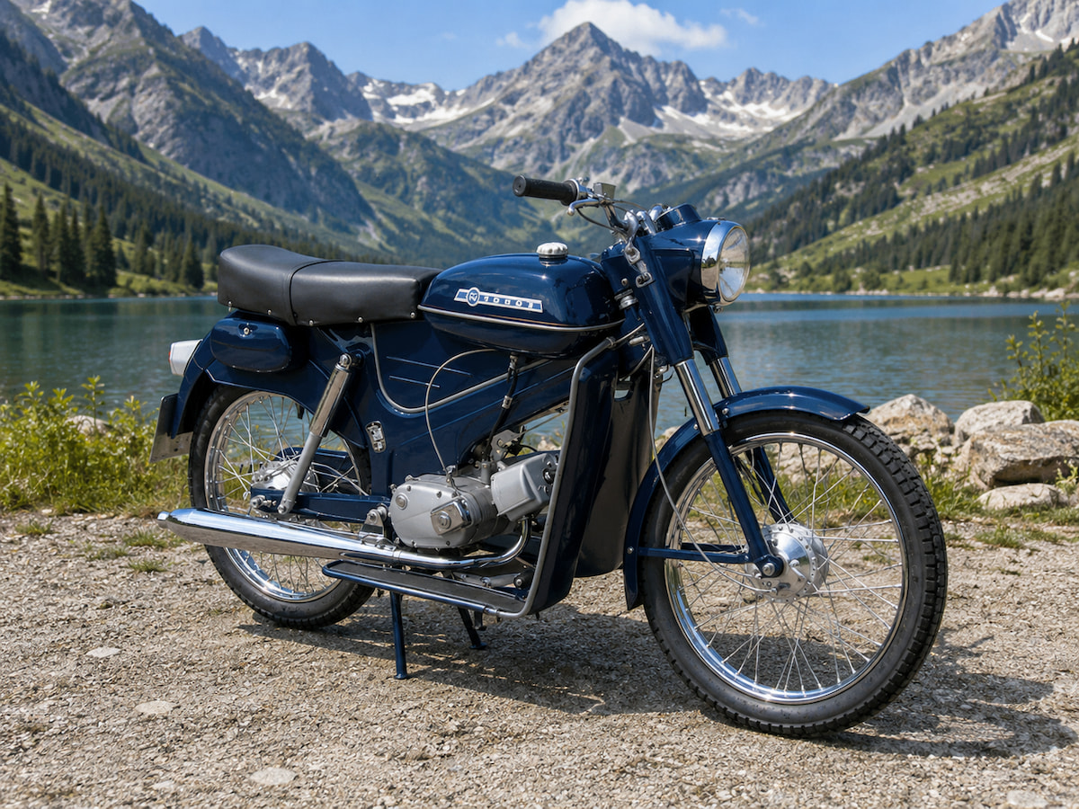 Blaues Tomos Colibri 14V vor Bergesee-Kulisse