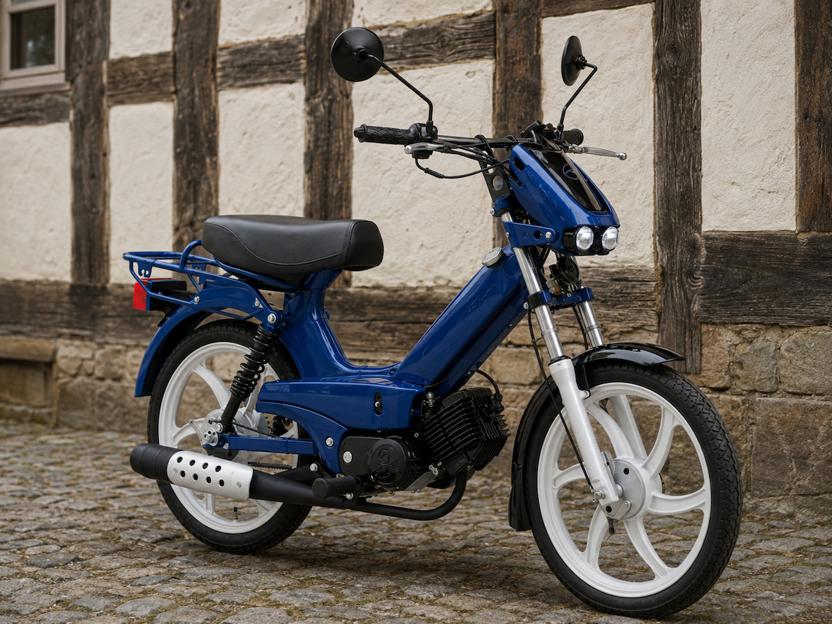 Blaues 2011er-Tomos Sprint vor alter Fachwerk-Hauswand