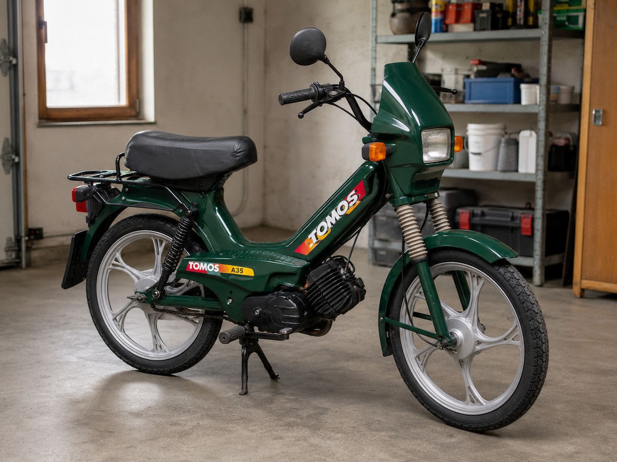 Grünes A35er Tomos Sprint Töffli in einer Garage