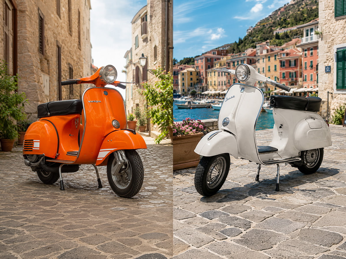 Smallframe ou Largeframe : deux façons d’être une Vespa Vespa Largeframe et Smallframe côte à côte